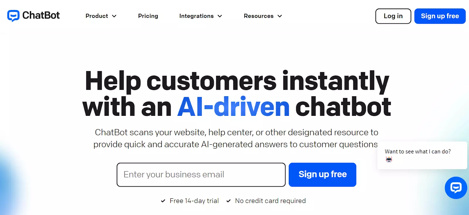 Captura de pantalla de la página de inicio de ChatBot - proporciona respuestas generadas por IA con su poderoso chatbot