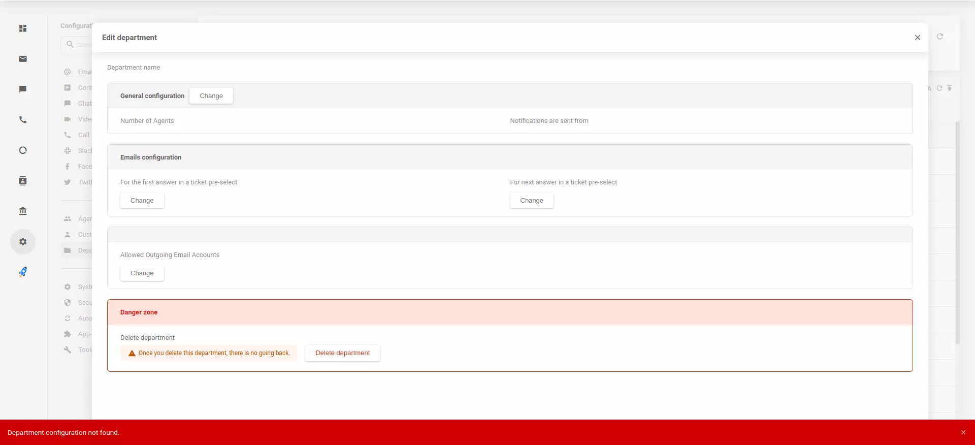 Configuraciones de departamentos migrados no encontradas en la aplicación LiveAgent