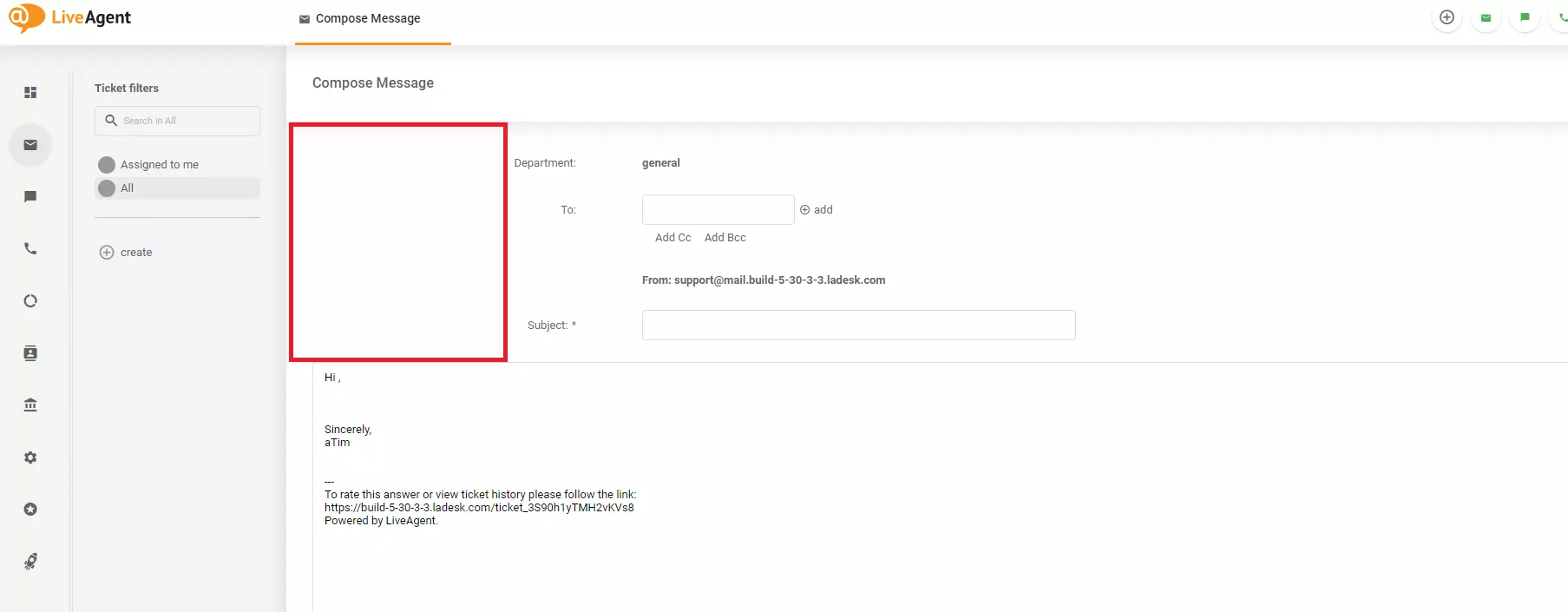 Una imagen que muestra un problema de diseño en la pantalla Redactar mensaje en LiveAgent