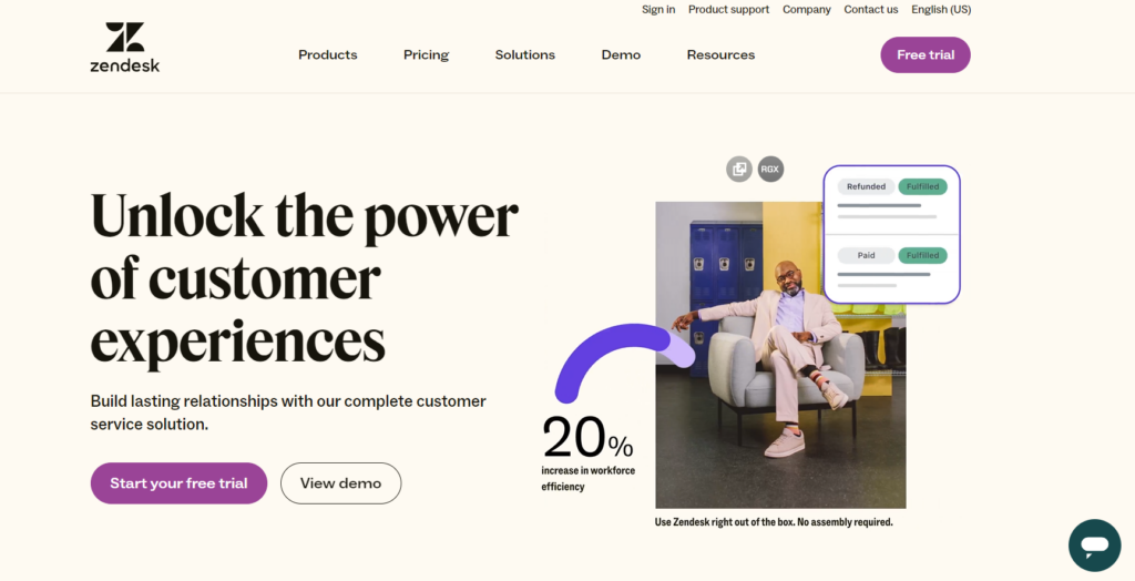 Página de inicio de Zendesk Suite - software de chat en vivo orientado a relaciones para ecommerce