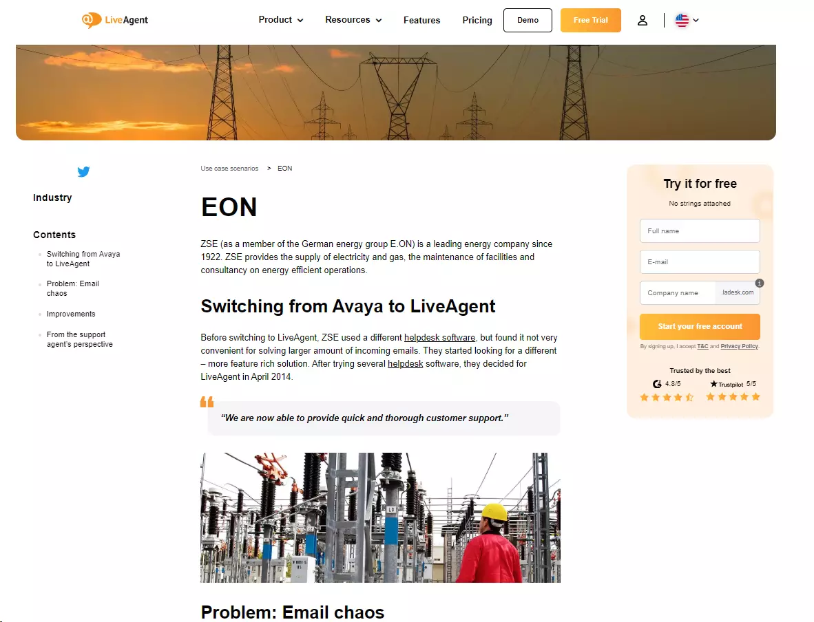 EON - una empresa de electricidad usando LiveAgent para abordar grandes volúmenes de solicitudes de clientes provenientes de un solo canal