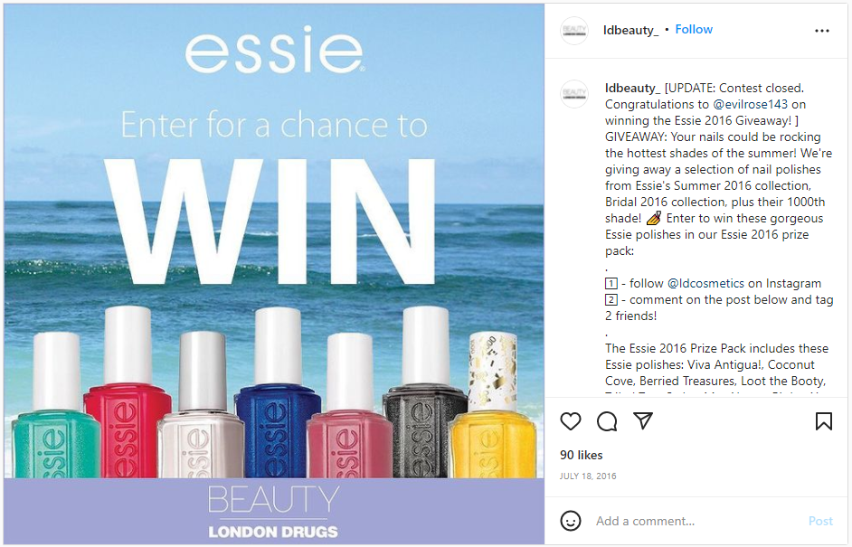 Concurso de sorteo de marca Essie en redes sociales pidiendo a seguidores que etiqueten amigos