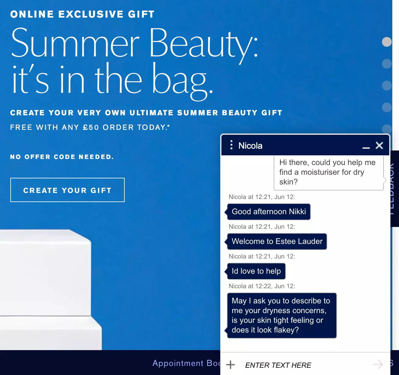 Ejemplo de chat en vivo de Estee Lauder