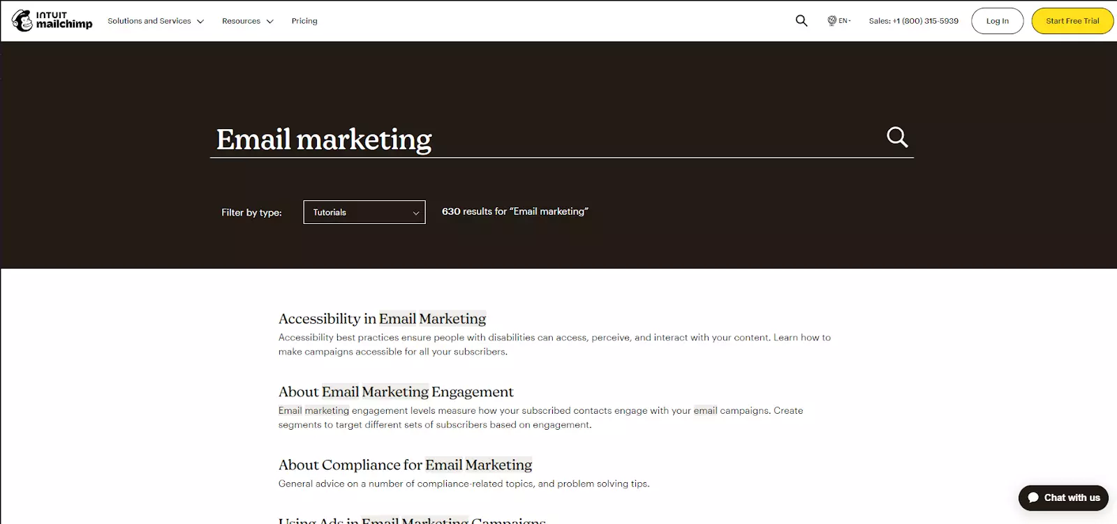 Ejemplo de función de búsqueda en la base de conocimiento de MailChimp