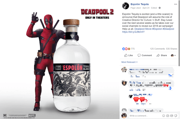 Anuncio de asociación de marca de tequila con película Deadpool 2 en Facebook