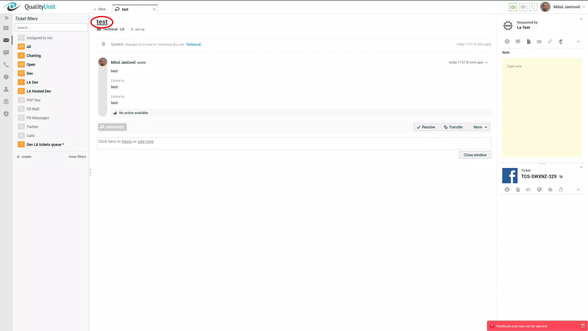 Error de publicación en Facebook en la esquina derecha de la interfaz de usuario de LiveAgent