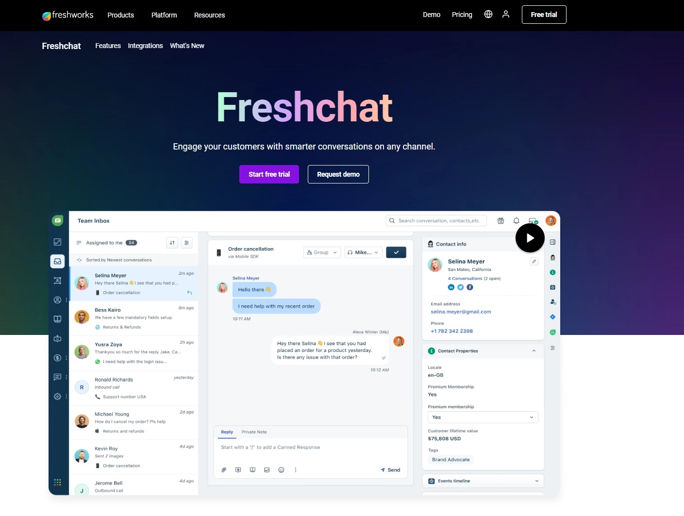 Captura de pantalla de la página de inicio de Freshdesk - la herramienta de chat en vivo para conversaciones más inteligentes y rápidas