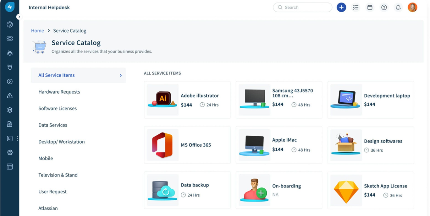 Mesa de servicio de Freshservice con lista de catálogo de servicios