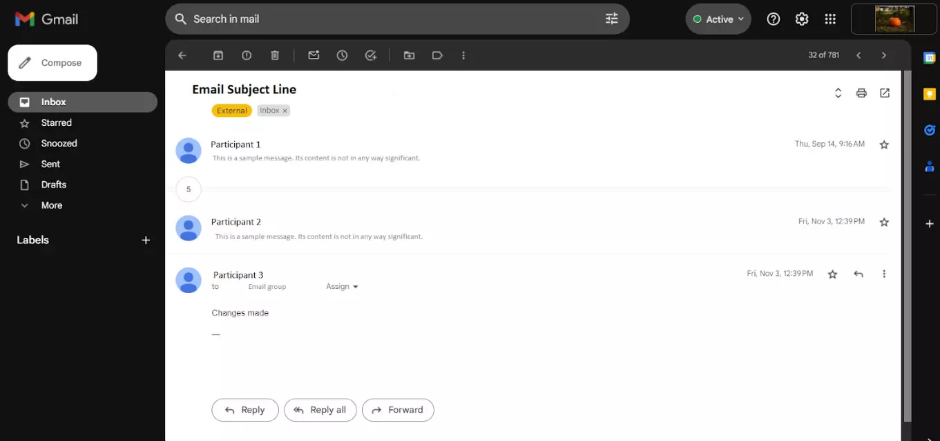 Un ejemplo de un hilo de correo electrónico entre múltiples participantes durante un período de tiempo