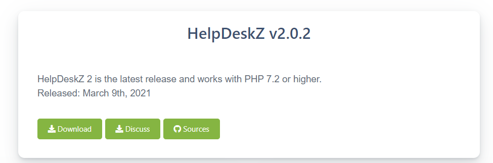 Un ejemplo de la página de descarga de un sistema de tickets de código abierto con el botón de descarga, discusión y fuentes
