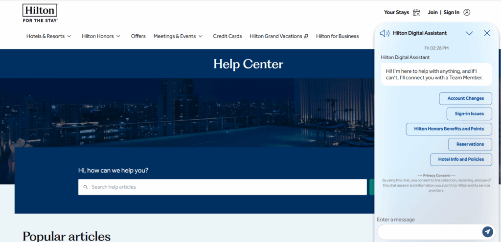 Asistente digital de Hilton en la página web de Hilton