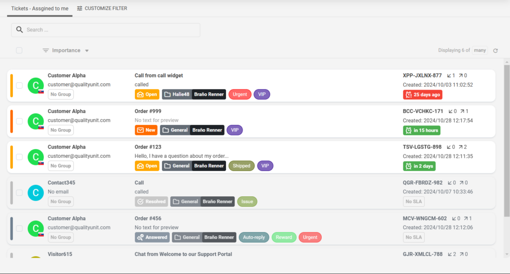 Pantalla de gestión de tickets con detalles de tickets de clientes mostrando vista de tickets responsiva.