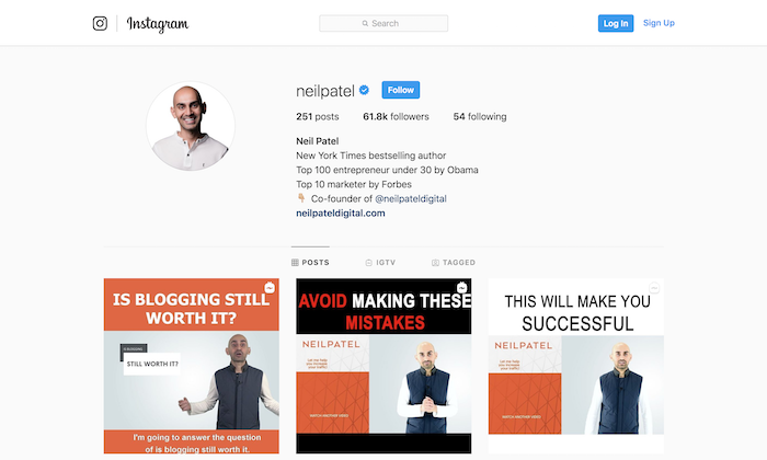 Neil Patel compartiendo experiencia en marketing digital en Instagram