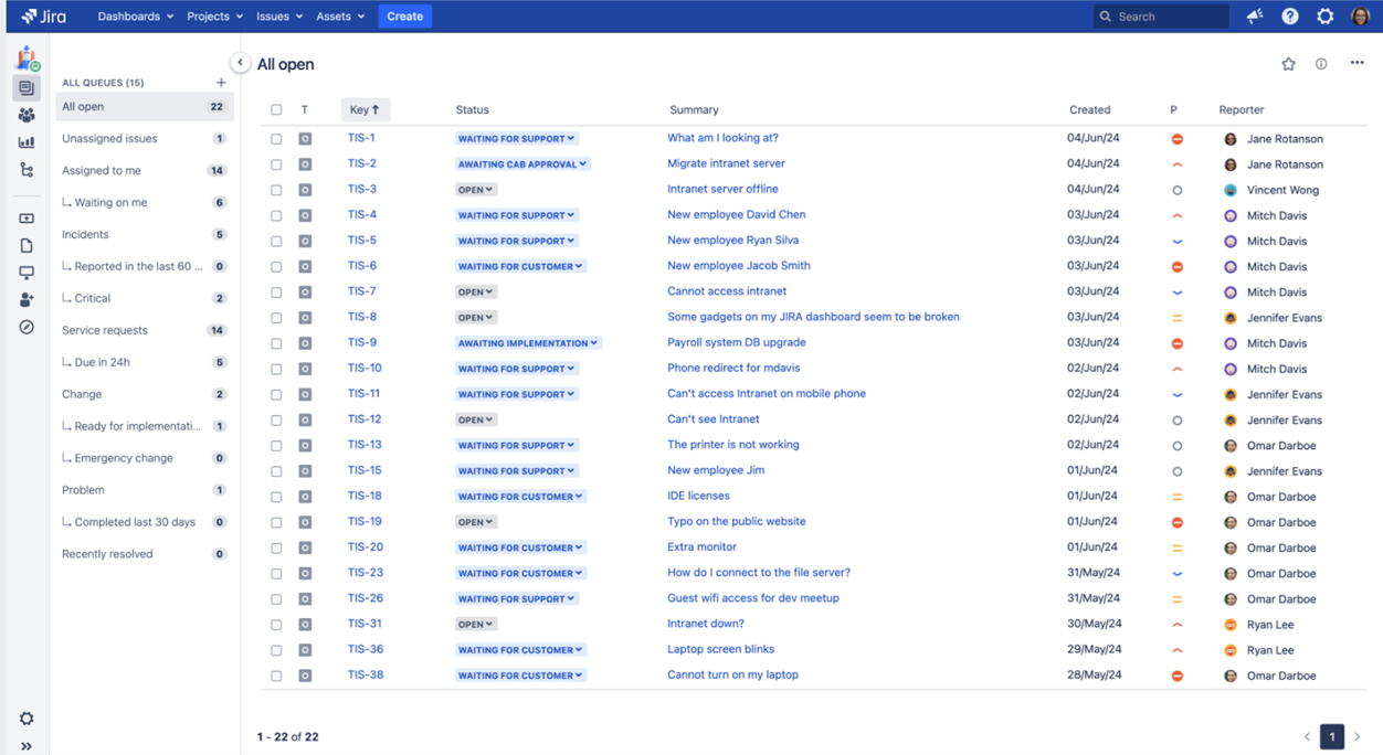 Vista de cola de tickets de Jira Service Management con tipos de estado