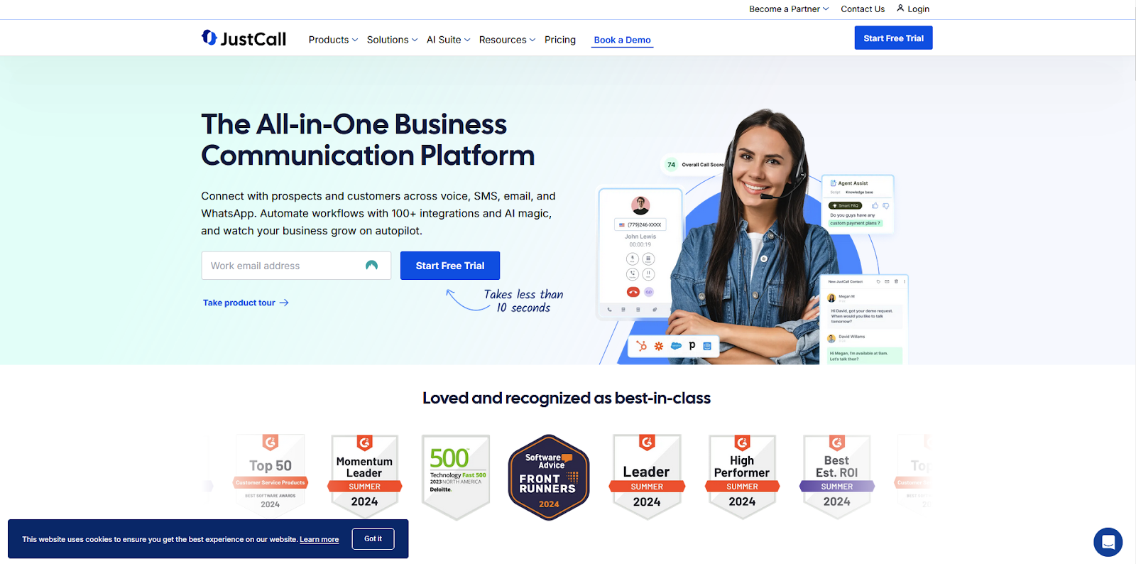 Página de inicio del software de centro de llamadas JustCall