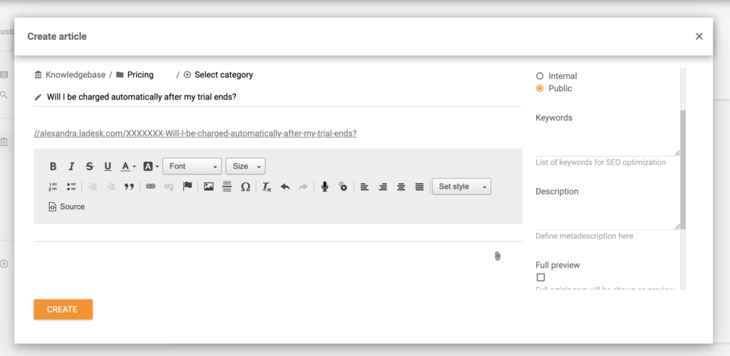 Creando un artículo de base de conocimiento en LiveAgent