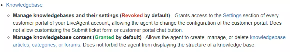 Imagen mostrando ejemplos de diferentes permisos que los usuarios pueden tener respecto a su base de conocimiento