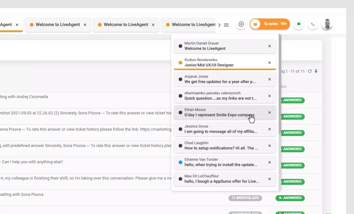 LiveAgent - List of opened tickets