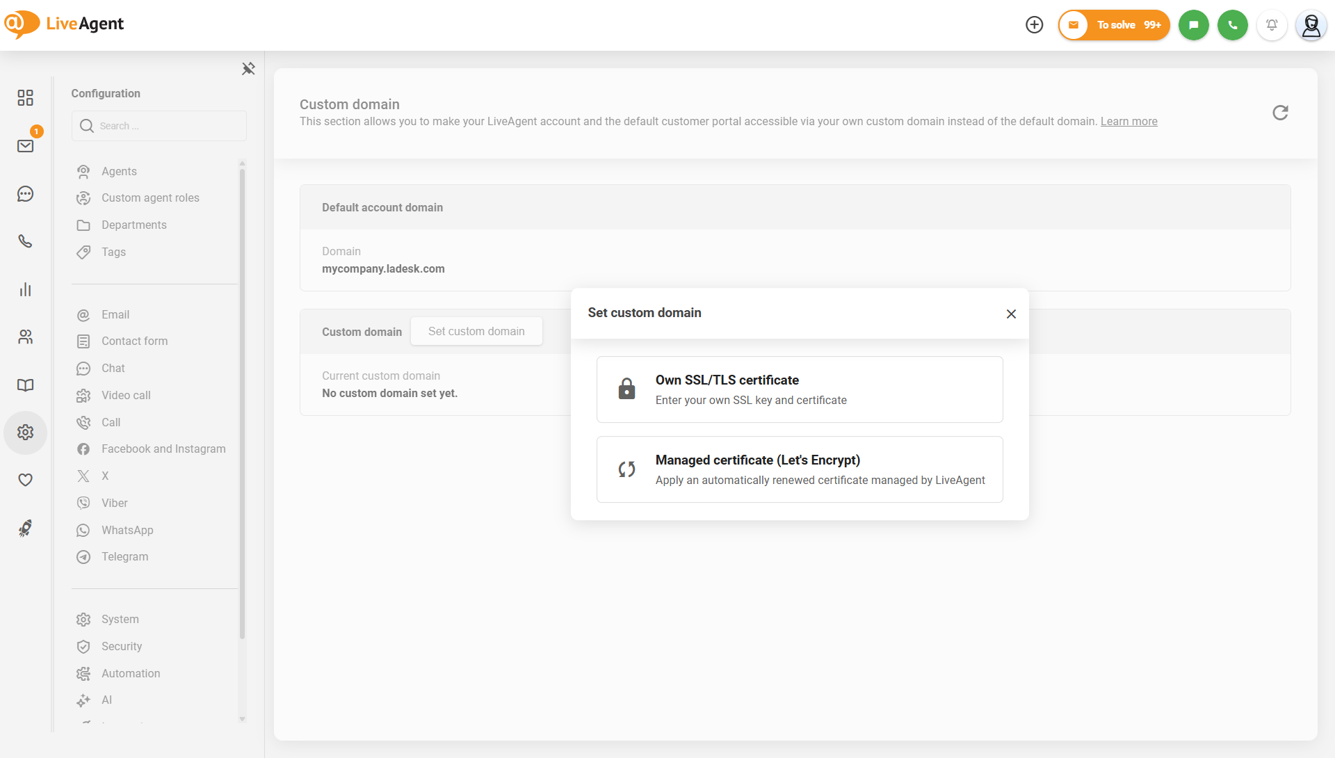 Configuración de dominio personalizado de LiveAgent con la opción de certificado gestionado Let's Encrypt