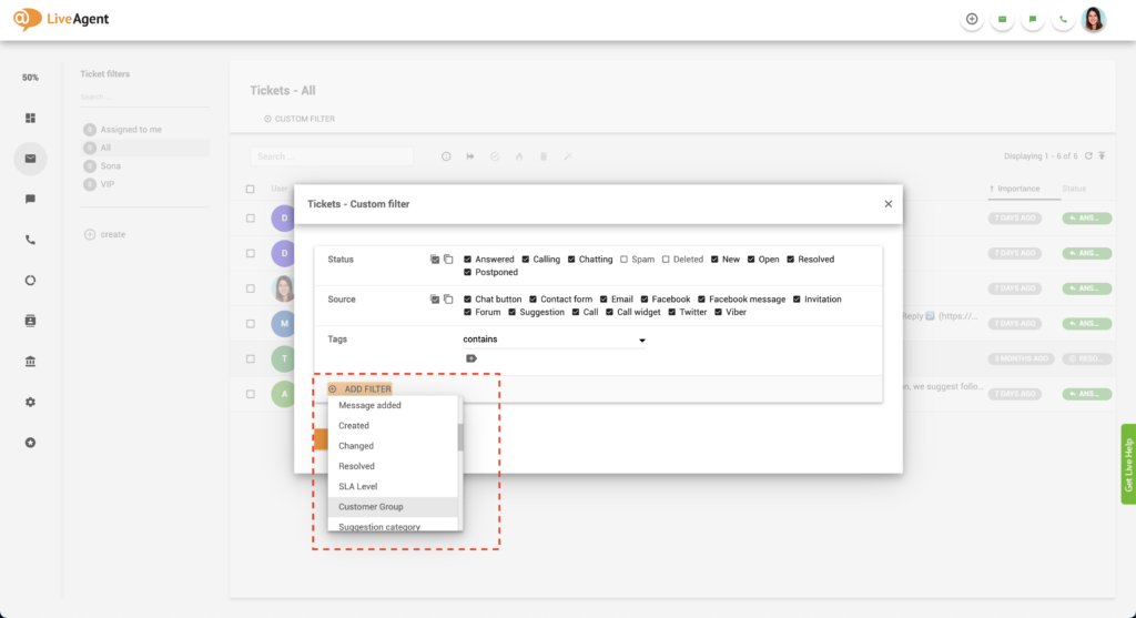 LiveAgent Add customer filter