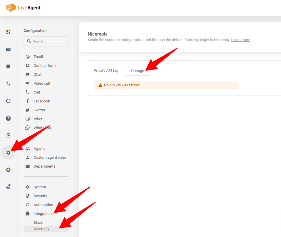 La imagen muestra dónde colocar la clave API generada en tu cuenta LiveAgent