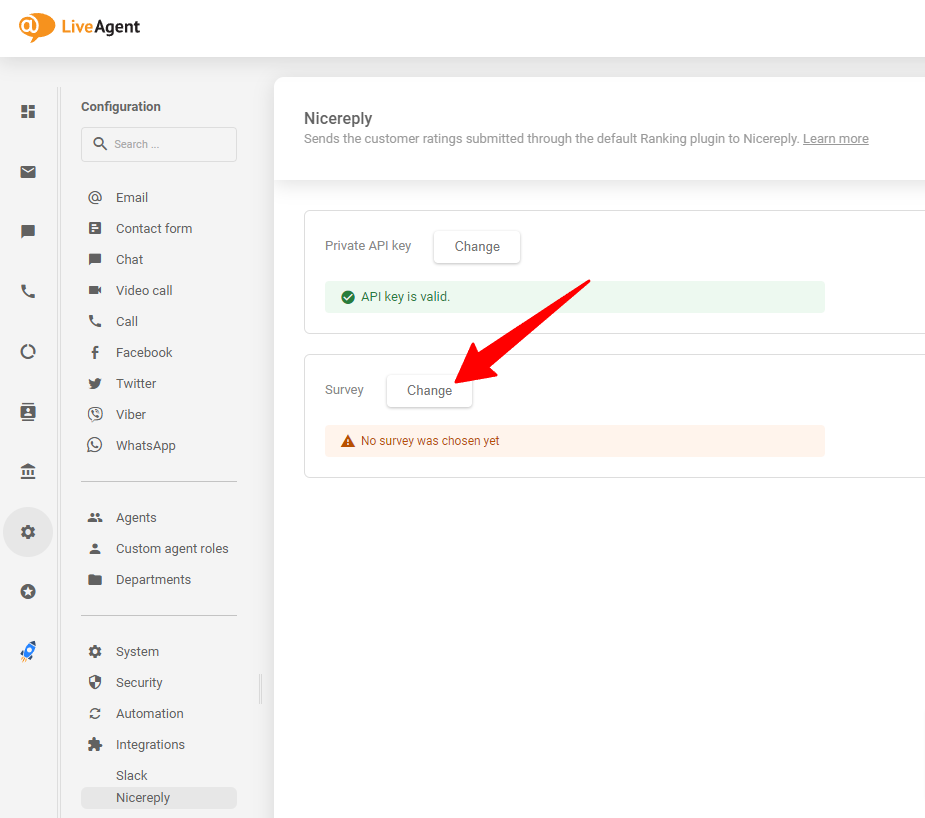 Elige la encuesta Nicereply que deseas después de pegar la clave API en LiveAgent