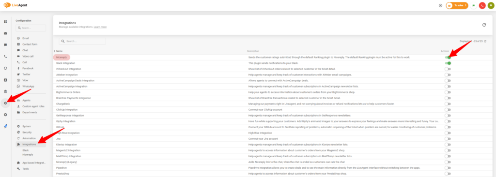 El proceso para habilitar la integración con Nicereply en la configuración de LiveAgent