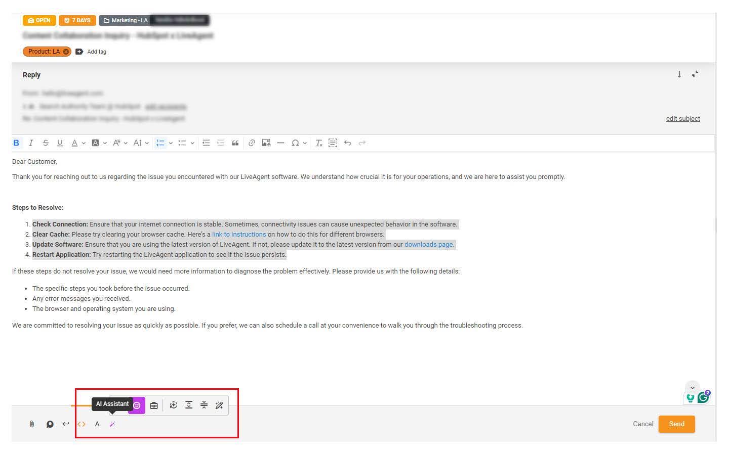 Interfaz del asistente de respuesta de IA de LiveAgent
