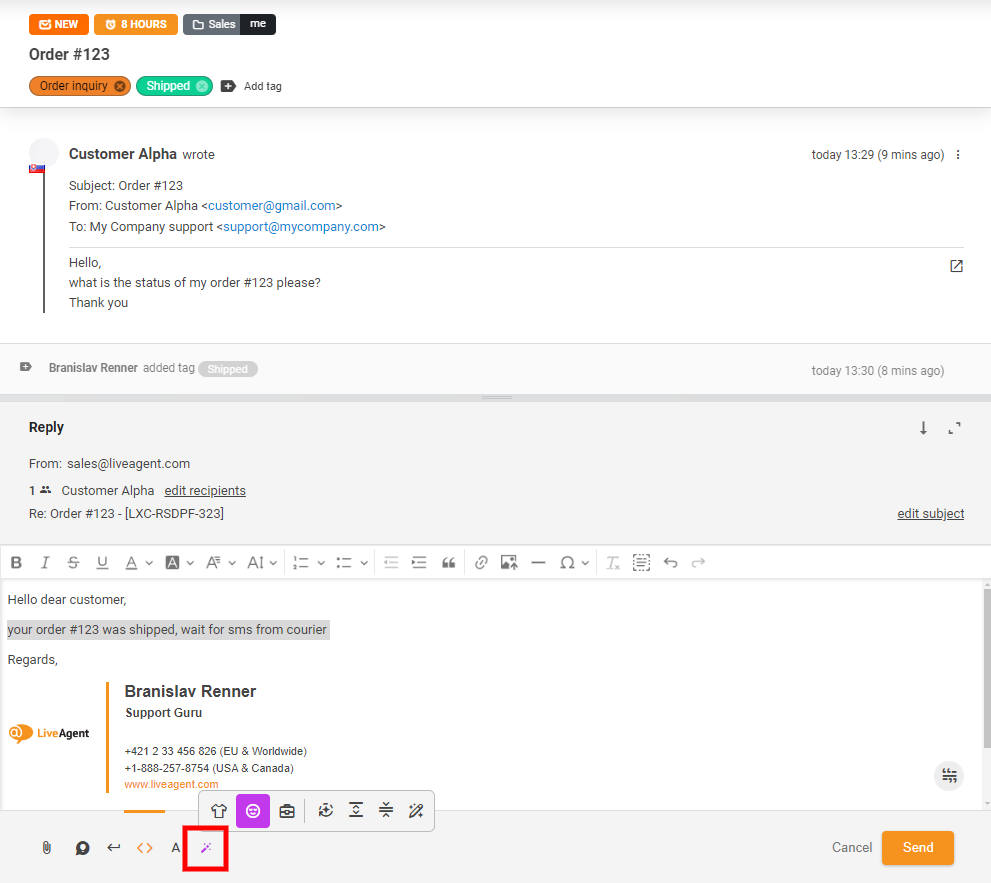 Captura de pantalla del botón del Asistente de respuestas con IA en la vista de chat