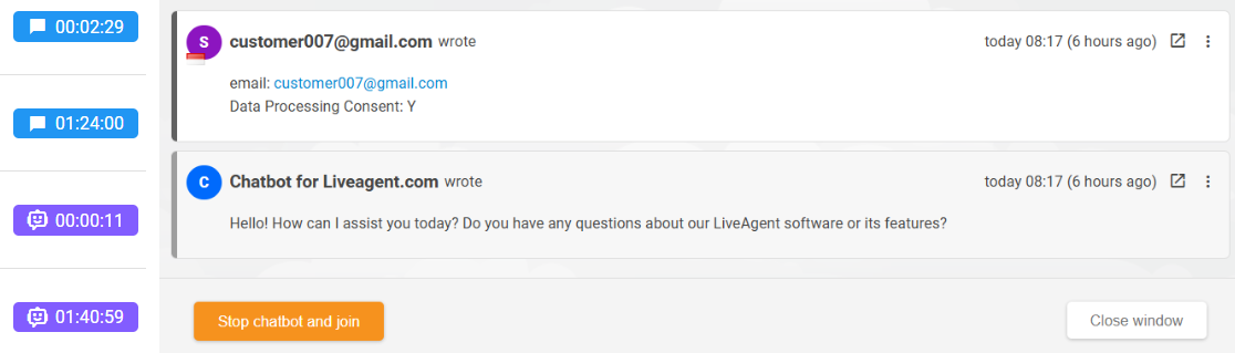 Vista previa de un ticket de Chatbot de IA en LiveAgent