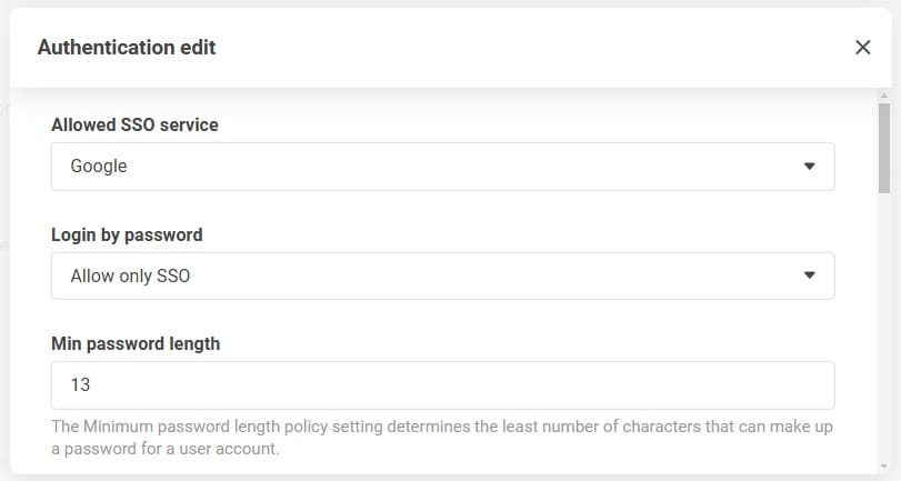 Pantalla de configuración de autenticación mostrando la opción de permitir solo SSO en la sección de inicio de sesión con contraseña