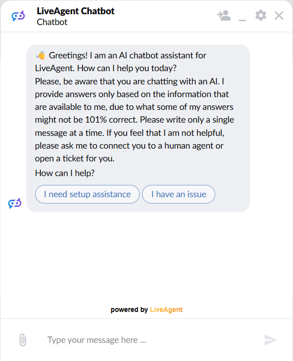 Ventana de chat de LiveAgent mostrando un saludo de chatbot de IA con dos botones de respuesta táctiles para ayuda con la configuración y reportar un problema
