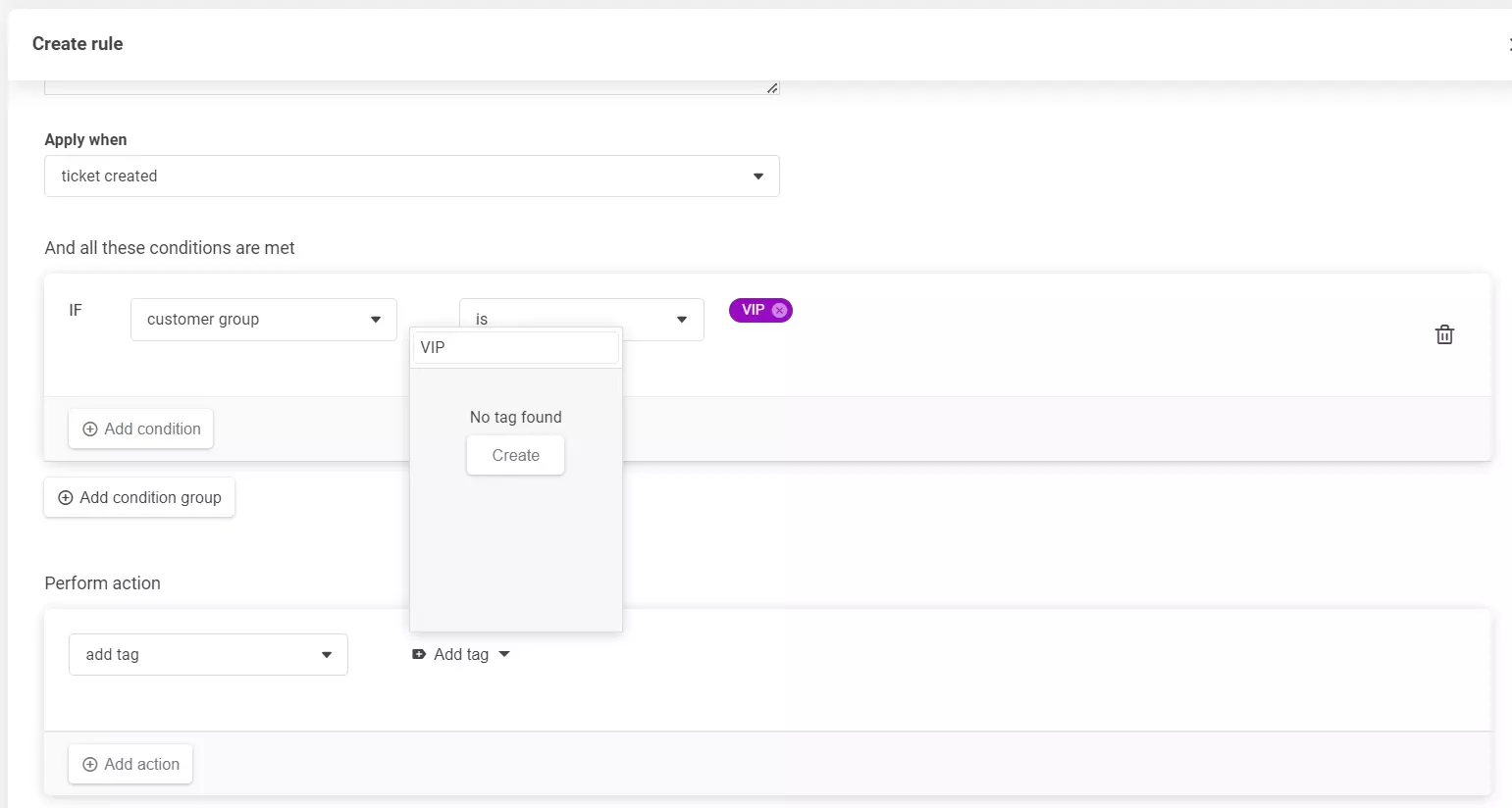 Una captura de pantalla de la sección crear regla, mostrando cómo agregar una nueva etiqueta.