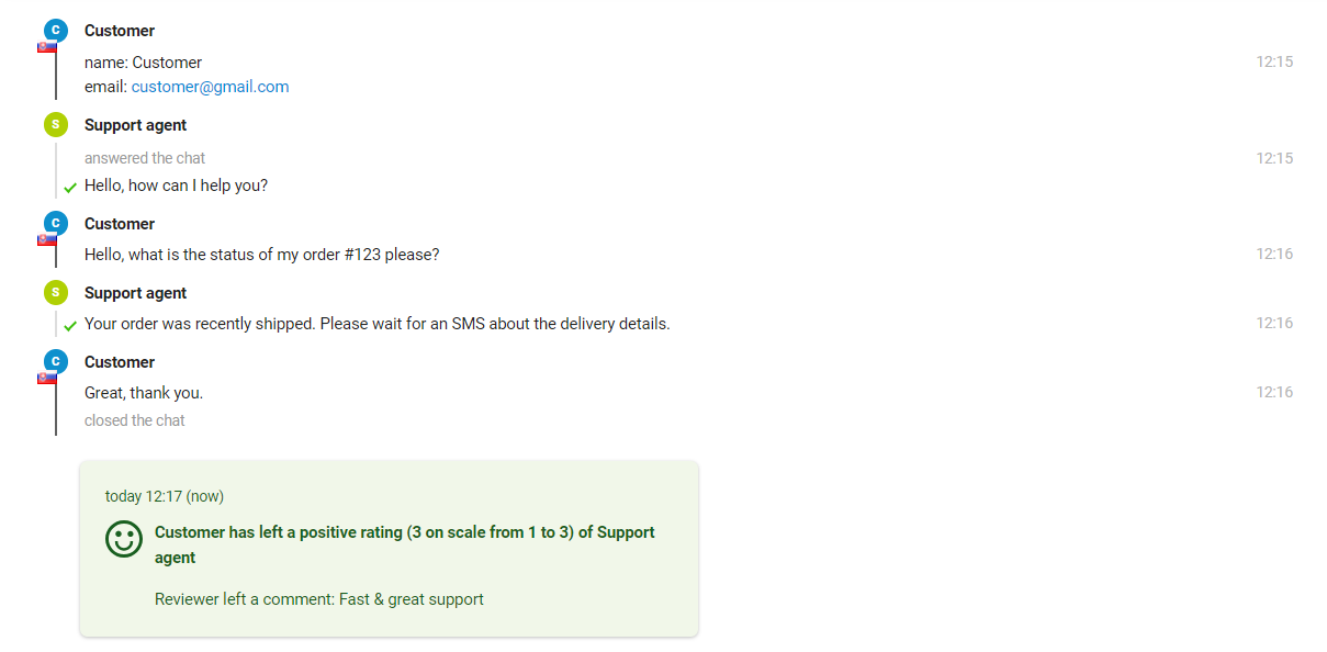 La imagen muestra la interacción entre un cliente y un agente de soporte, donde el agente puede ver la calificación al final del mensaje