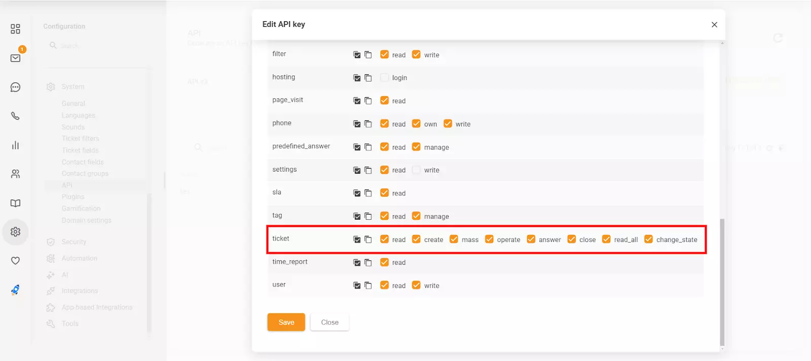 La sección Editar clave de API en LiveAgent mostrando los nuevos permisos 'close' y 'change_state'