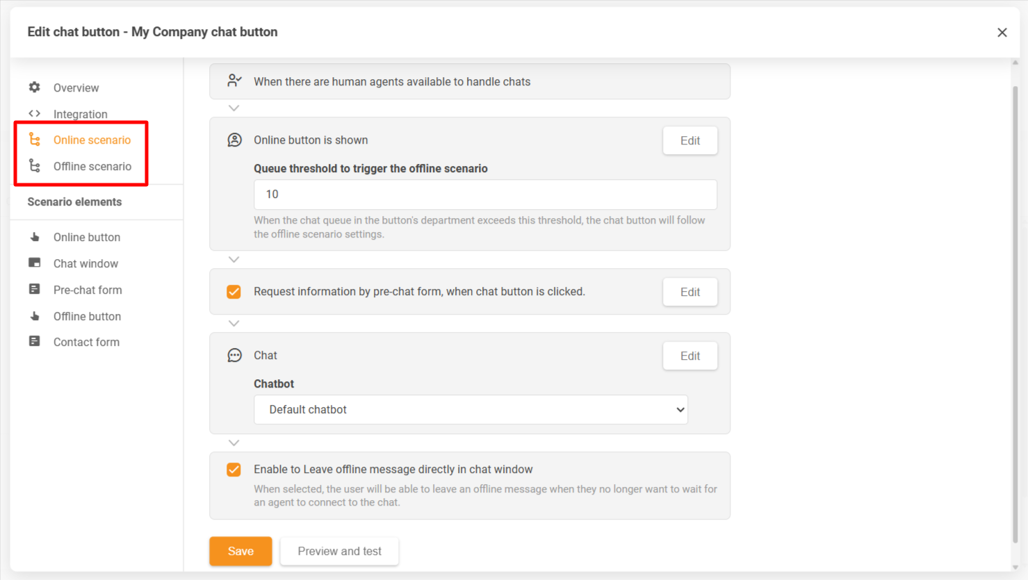 Ventana de configuración del botón de chat de LiveAgent mostrando escenarios en línea y fuera de línea