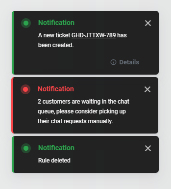 Captura de pantalla que muestra las notificaciones emergentes de LiveAgent