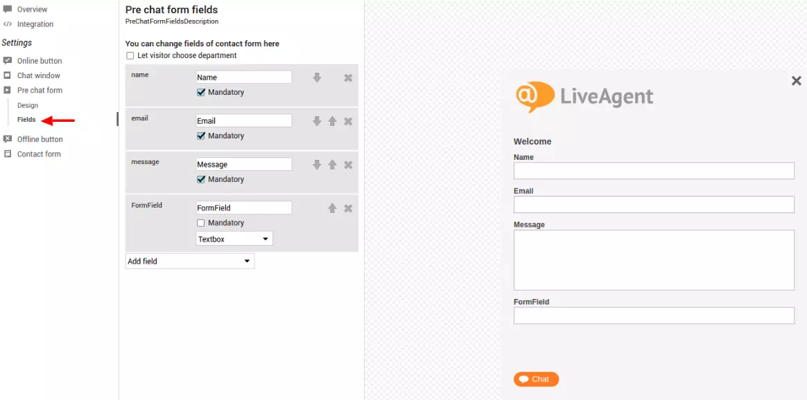 Imagen que muestra la configuración de campos del chat previo en el software de chat en vivo LiveAgent.