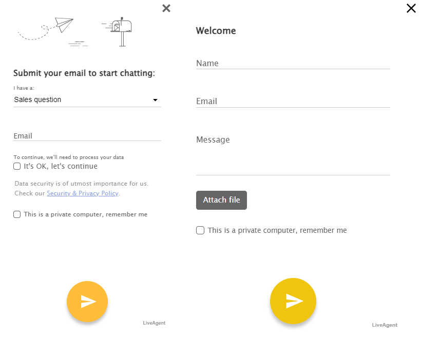 Ventanas de encuesta previa al chat que muestran qué tipo de información se puede solicitar.