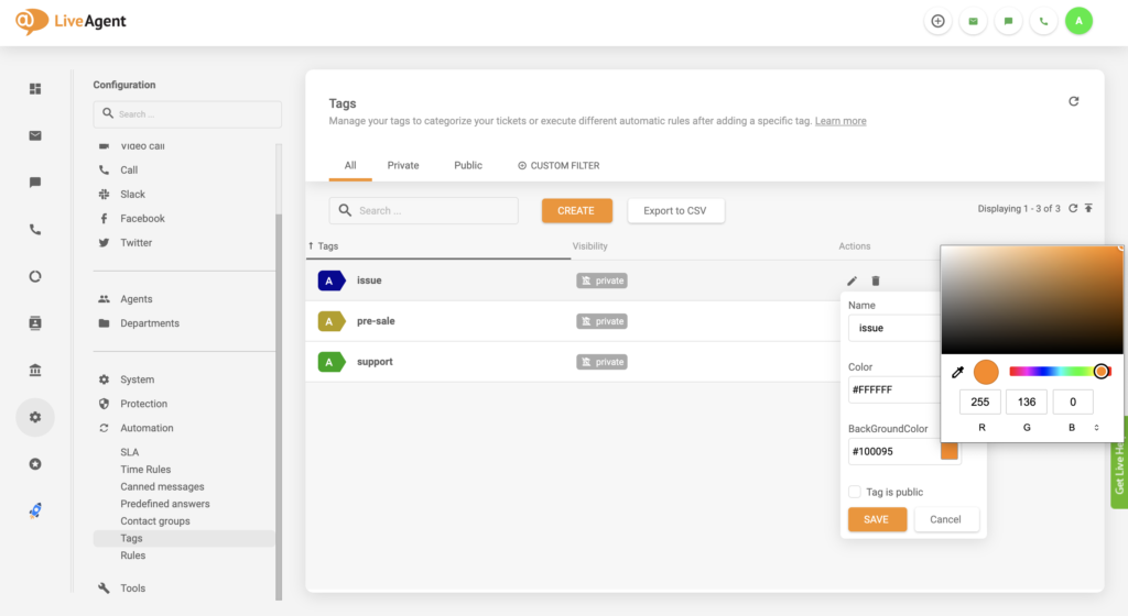 Actualización de configuración de cambio de color de etiqueta en LiveAgent