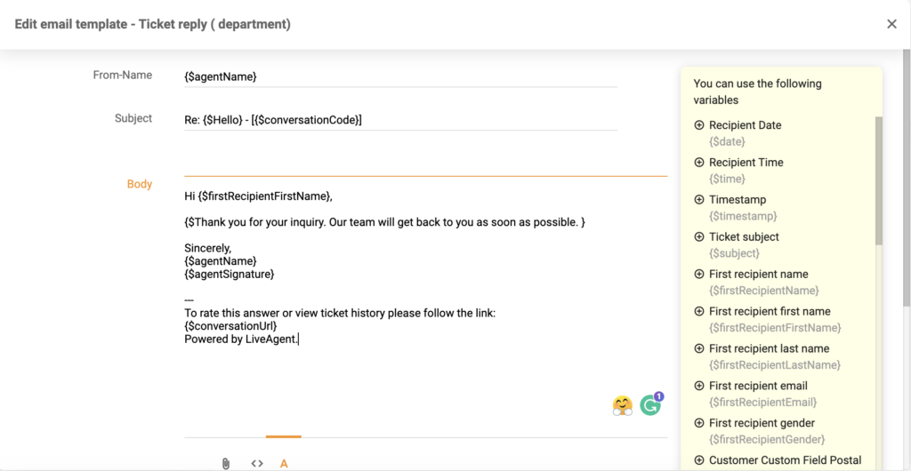 Nuevo editor de plantillas en LiveAgent 5.26