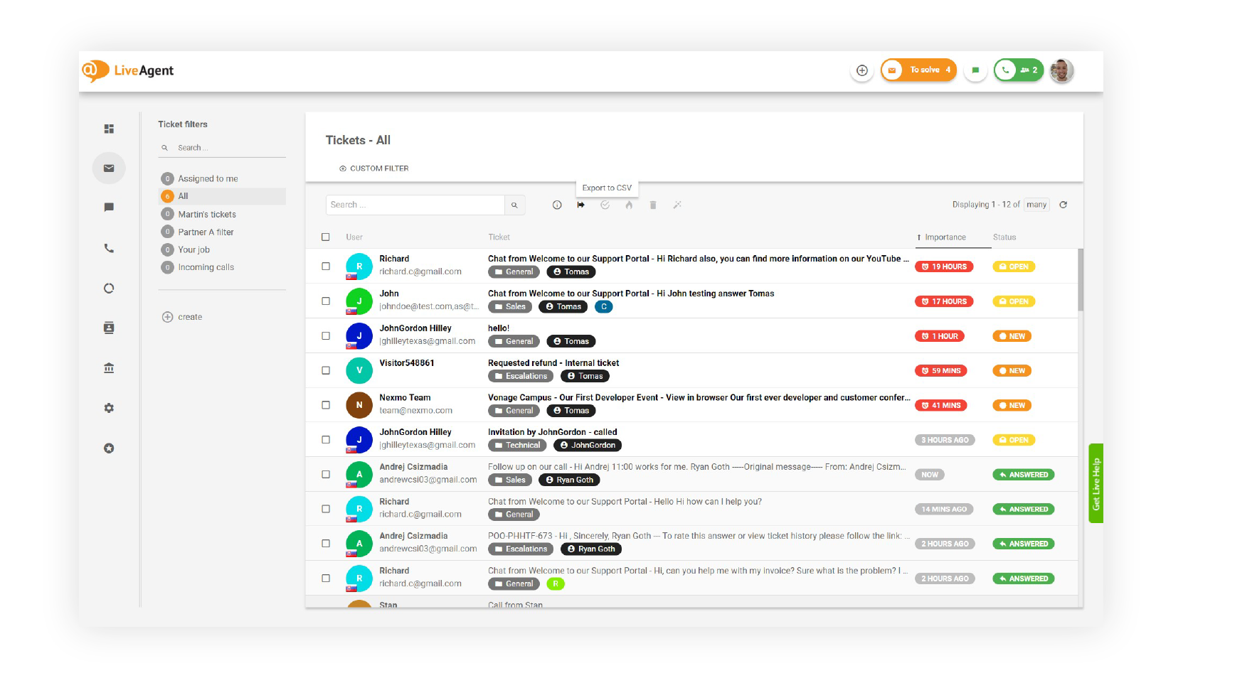 Bandeja de entrada universal de LiveAgent con tickets de correo electrónico, chat y llamadas en una sola cola