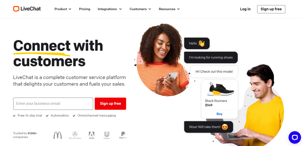 Página de inicio de LiveChat - software de chat en vivo de soporte de ecommerce