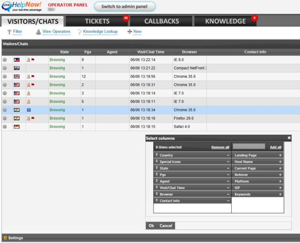 Panel de control de chat de LiveHelpNow