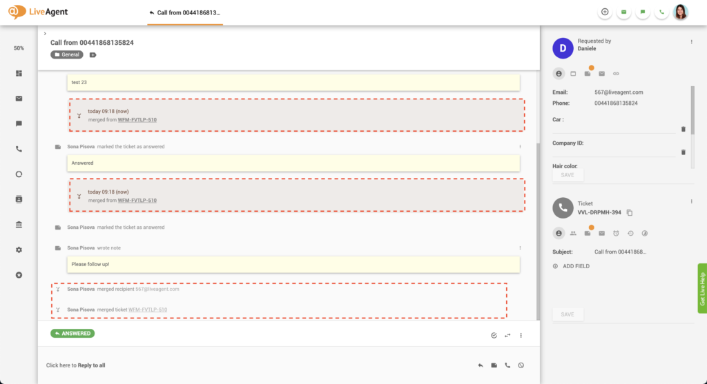Hilo de ticket fusionado en LiveAgent