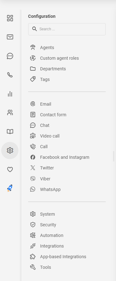 Lista de iconos en el menú de LiveAgent