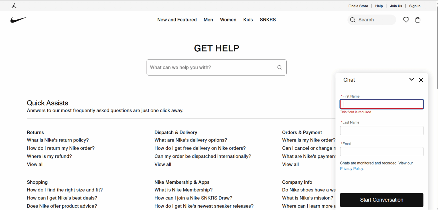 Chatbot de IA en el sitio web de Nike