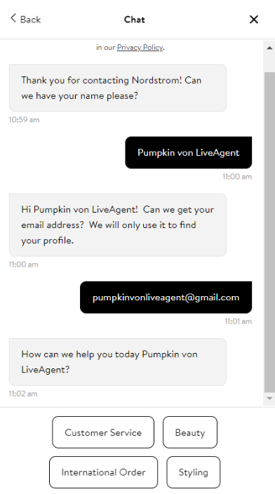 Característica de chatbot de Nordstrom