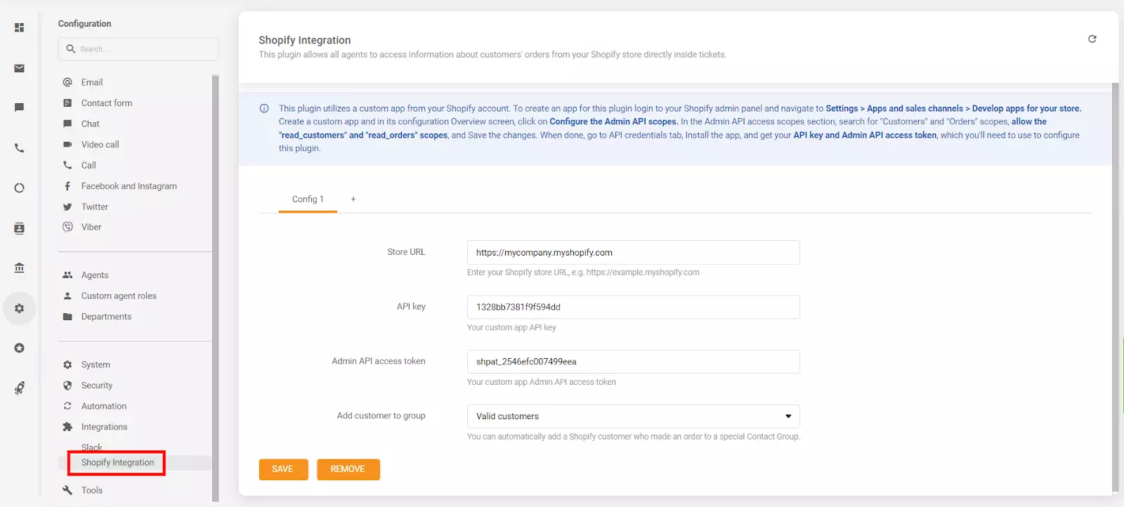 Colocación de la clave de API y token de acceso de API en la sección de configuración de LiveAgent