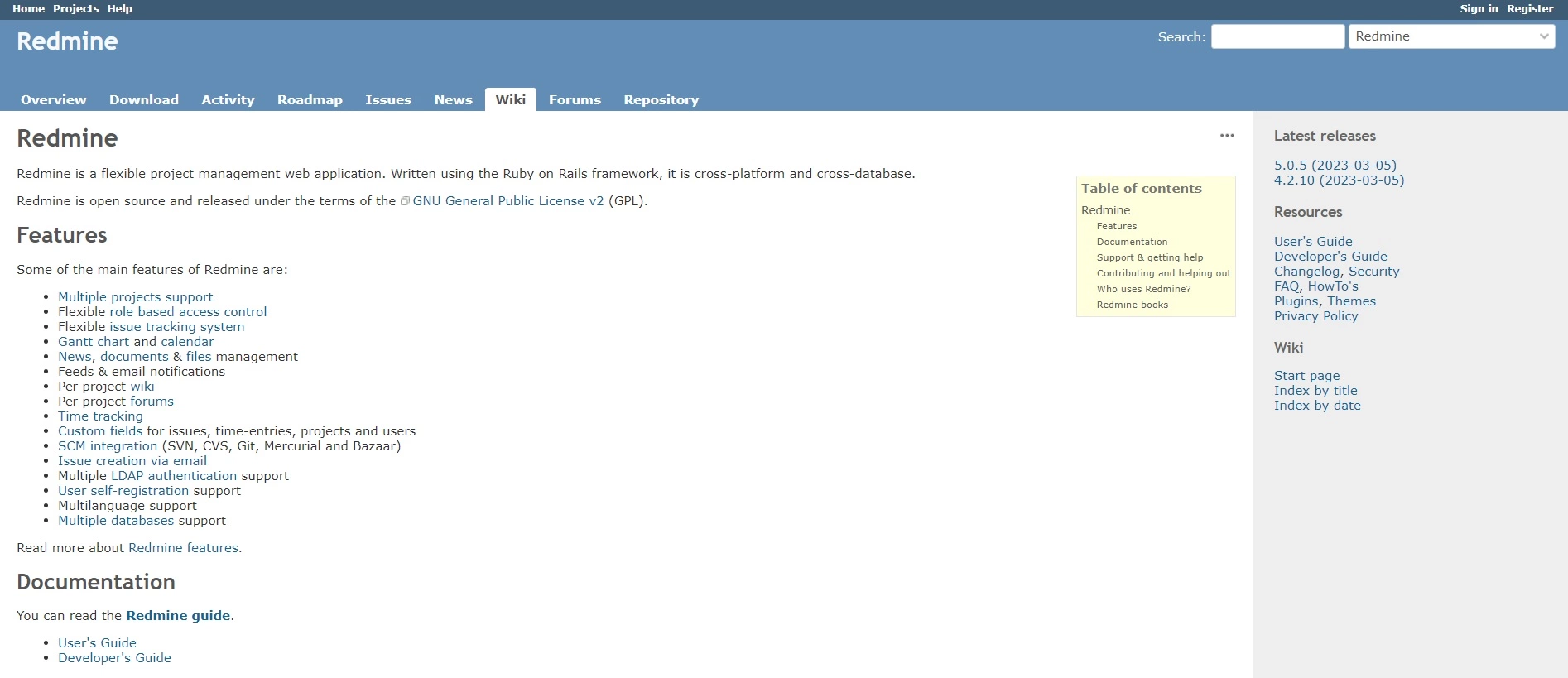 Página de inicio de Redmine - una plataforma de código abierto que puede ayudarte a automatizar procesos y asistir con la planificación de tareas para mejorar la eficiencia en tu empresa.